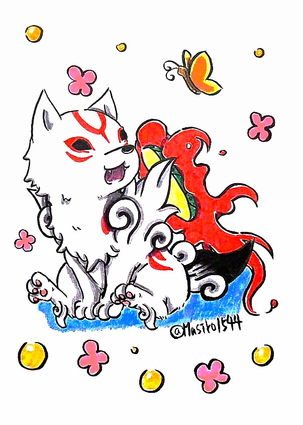 chibiterasu fangs fire ookami_(game) ookamiden open_mouth simple_background tail white_background wolf