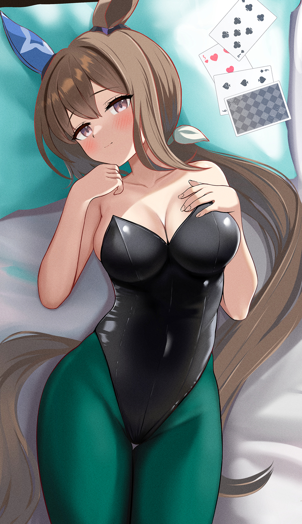 1girl admire_vega_(umamusume) animal_ears bare_shoulders bed black_leotard brown_hair card covered_navel cowboy_shot ear_covers five_of_hearts from_above fuyumisakura green_pantyhose hand_on_own_chest highres horse_ears horse_girl horse_tail leotard long_hair looking_at_viewer low_ponytail lying nontraditional_playboy_bunny pantyhose playing_card ponytail purple_eyes seven_of_clubs single_ear_cover six_of_spades solo strapless strapless_leotard tail thigh_gap umamusume
