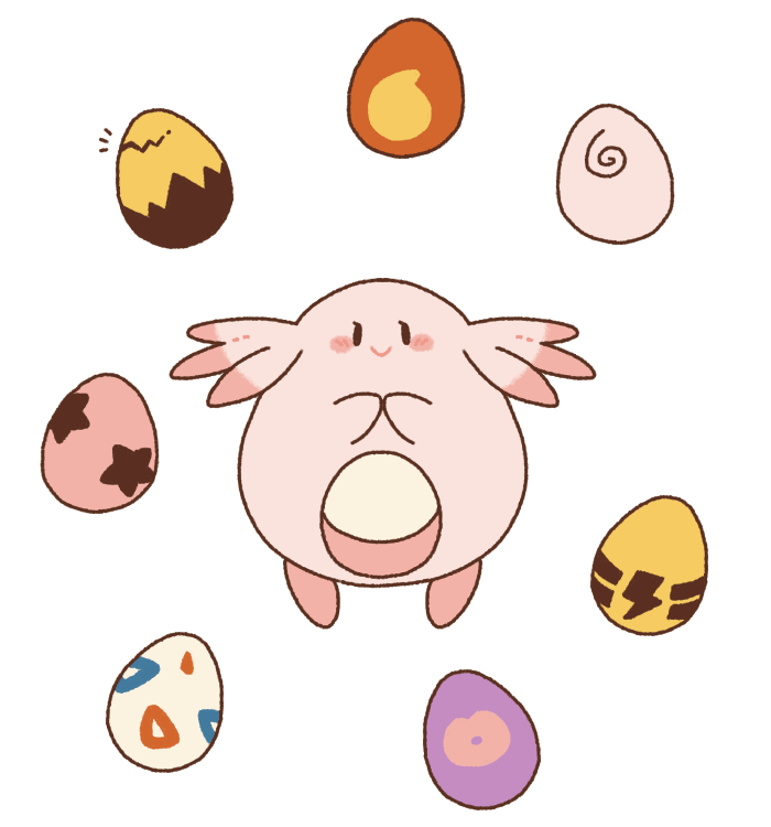 animal_focus black_eyes blush_stickers chansey cleffa closed_mouth cracked_egg egg elekid eyelashes full_body gen_1_pokemon gen_2_pokemon igglybuff looking_at_viewer magby nintendo no_humans pichu pokemon pokemon_(creature) pokemon_egg satsumapotato simple_background smile smoochum solo togepi white_background