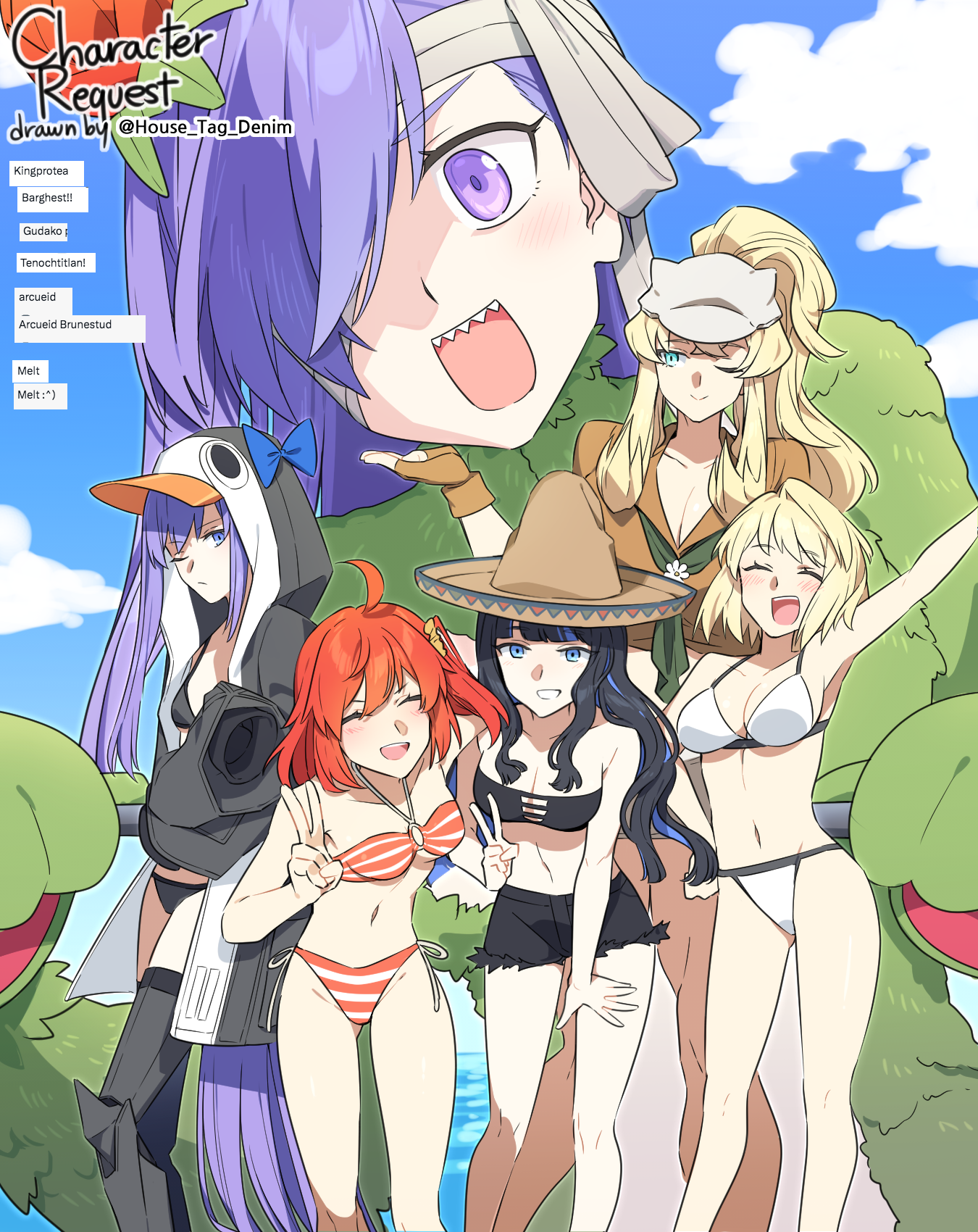 6+girls ahoge animal_hood arcueid_brunestud bandage_over_one_eye bandaged_head bandages bare_shoulders barghest_(fate) barghest_(swimsuit_archer)_(fate) barghest_(swimsuit_archer)_(first_ascension)_(fate) bikini black_bikini black_hair black_jacket blonde_hair blue_bow blue_eyes blue_hair blue_sky blush bow breasts brown_gloves brown_shirt choker cleavage closed_eyes collarbone colored_inner_hair fate/grand_order fate_(series) fingerless_gloves flower fujimaru_ritsuka_(female) fujimaru_ritsuka_(female)_(brilliant_summer) giant giantess gloves green_eyes grey_eyes grey_hat grey_skirt hair_flower hair_ornament hair_scrunchie hat high_ponytail highres hood hood_up horns house_tag_denim jacket kingprotea_(fate) kingprotea_(second_ascension)_(fate) large_breasts long_hair long_sleeves looking_at_viewer looking_to_the_side medium_breasts meltryllis meltryllis_(fate) meltryllis_(swimsuit_lancer)_(fate) meltryllis_(swimsuit_lancer)_(first_ascension)_(fate) moss multicolored_hair multiple_girls navel neckerchief one_eye_closed one_side_up open_mouth orange_bikini orange_hair orange_scrunchie penguin_hood ponytail prosthesis prosthetic_leg purple_eyes purple_hair scrunchie shirt short_hair short_sleeves sidelocks skirt sky sleeves_past_fingers sleeves_past_wrists small_breasts smile sombrero striped_bikini striped_clothes swimsuit tenochtitlan_(fate) thighs very_long_hair