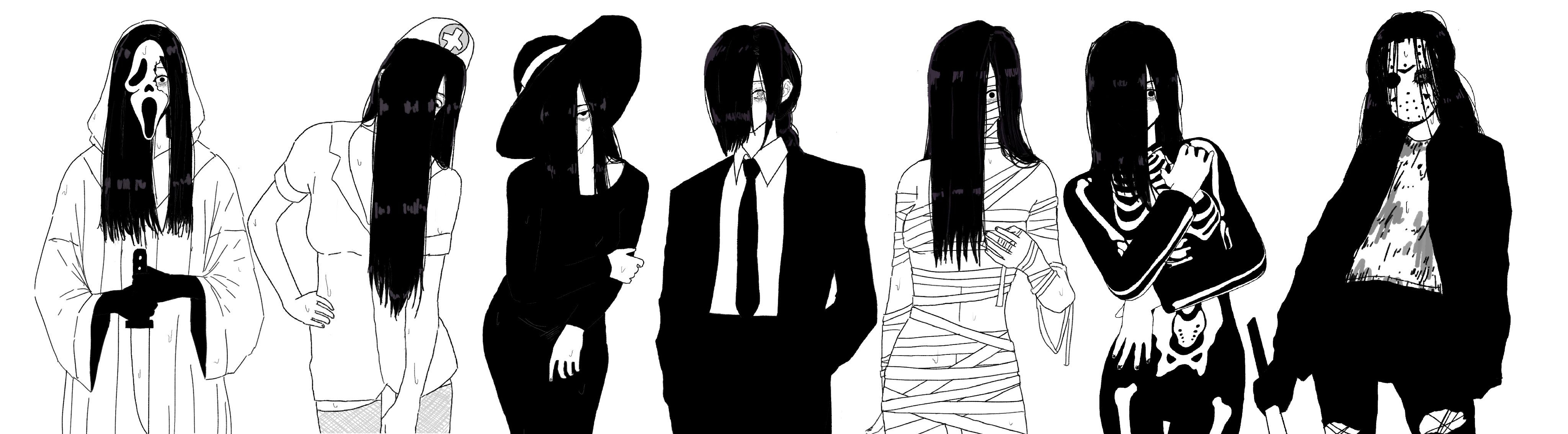 1girl absurdres bags_under_eyes black_bodysuit black_dress black_eyes black_gloves black_hair black_jacket black_necktie black_pants black_suit bodysuit braid broken_mask chainsaw_man commentary cosplay cowboy_shot dirty dirty_clothes dress english_commentary facing_viewer fishnet_thighhighs fishnets formal_clothes friday_the_13th ghost_girl ghostface gloves greyscale hair_over_one_eye halloween halloween_costume hands_in_pockets hands_on_own_arms hands_on_own_hips hat highres hockey_mask holding holding_knife holding_machete holding_weapon jacket jason_voorhees knife lineup long_hair long_sleeves looking_at_viewer machete makima_(chainsaw_man) mask messy_hair monochrome multiple_views mummy_costume necktie nurse nurse_cap pants print_bodysuit robe scream_(movie) short_sleeves sidelocks single_braid skeleton_costume skeleton_print solid_circle_eyes suit the_ring thighhighs torn_clothes torn_pants virtuware weapon wet white_robe wide_sleeves witch witch_hat yamamura_sadako
