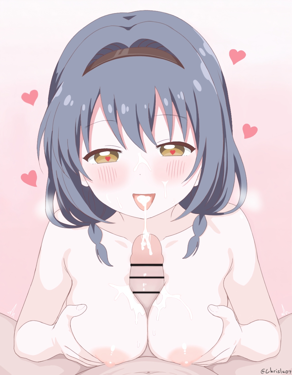 1boy 1girl blue_hair blush breasts chrislu07 cum cum_in_mouth cum_on_body cum_on_breasts cum_on_tongue cum_on_upper_body furutani_himawari hairband heart heart-shaped_pupils hetero highres large_breasts looking_at_penis nipples paizuri pink_background short_hair signature simple_background symbol-shaped_pupils tongue tongue_out upper_body yellow_eyes yuru_yuri