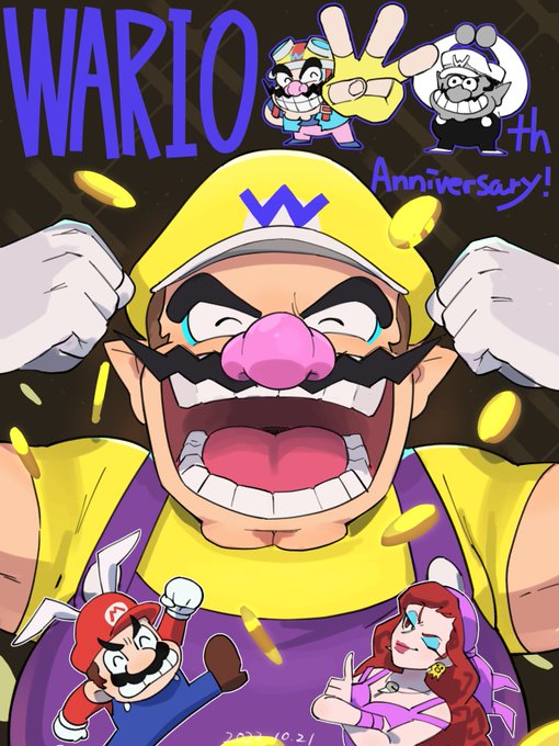 1girl 2boys anniversary annoyed bandana breasts brown_hair captain_syrup cleavage closed_eyes coin evil_grin evil_smile eyeshadow facial_hair fat fat_man flexing gloves gold_coin grin hat laughing lipstick makeup mario mario_(series) multiple_boys mustache nintendo one_eye_closed open_mouth overalls rabbit_ears smile super_mario_land_2 v wario wario_land wario_land:_shake_it! warioware wink