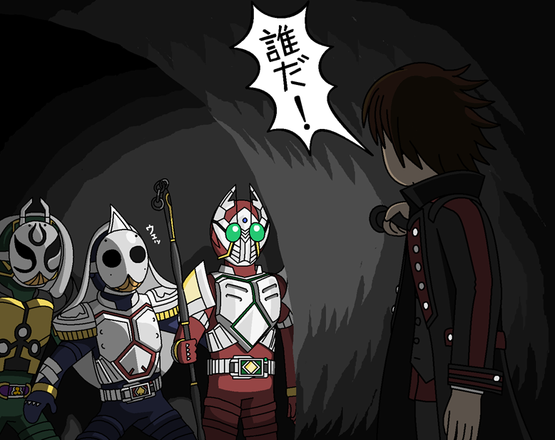 4boys actor_connection armor belt brown_hair flashlight kamen_rider kamen_rider_blade kamen_rider_blade_(series) kamen_rider_gaim_(series) kamen_rider_garren kamen_rider_leangle kumon_kaito male_focus mask multiple_boys redol staff translation_request