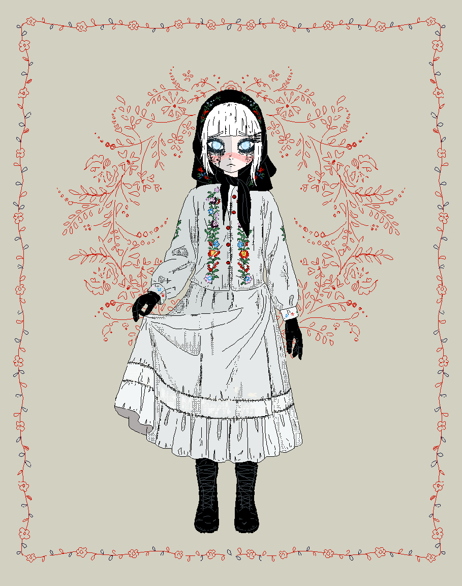 1girl android black_boots black_eyeshadow black_gloves black_headscarf blue_eyes blunt_bangs blush boots buttons closed_mouth commentary dithering english_commentary eyeshadow floral_background floral_border floral_print_shirt frilled_skirt frills full_body gloves grey_shirt grey_skirt hair_ornament hairclip headscarf jaggy_lines lace-up_boots lens_eye long_skirt long_sleeves looking_at_viewer makeup marie_(peripeteia) medium_hair no_pupils peripeteia sad shirt simple_background skirt skirt_hold solo standing straight-on stuffbecauseidk white_hair