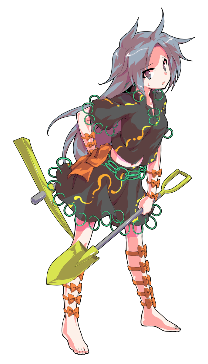 1girl alphes_(style) arm_bow arm_strap barefoot black_shirt black_skirt bow breasts collarbone collared_shirt commentary_request dairi full_body grey_eyes grey_hair highres himemushi_momoyo holding holding_pickaxe holding_shovel jewelry large_variant_set long_hair looking_at_viewer midriff multiple_arm_straps multiple_thigh_straps open_mouth orange_bow parody pickaxe ring shirt shovel simple_background skirt skirt_set small_breasts solo standing style_parody sweat sweatdrop tachi-e thigh_bow touhou transparent_background variant_set very_long_hair