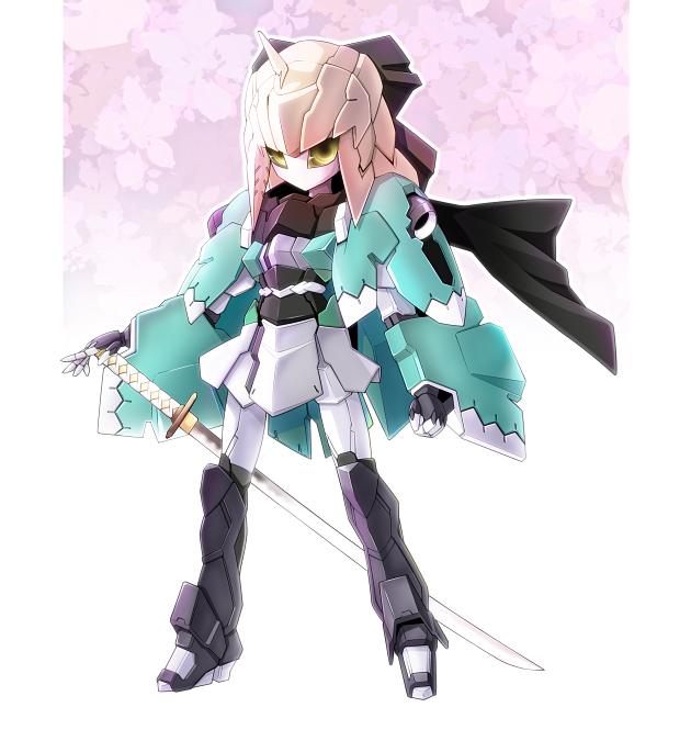 clenched_hand fate_(series) floral_background full_body gradient_background holding holding_sword holding_weapon horns katana koha-ace legs_apart looking_at_viewer mecha mechanization no_humans okita_souji_(fate) okita_souji_(koha-ace) robot solo standing sword take_tonbo weapon yellow_eyes