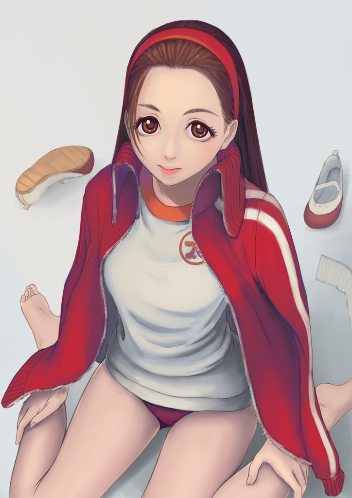 1girl black_hair brown_eyes capcom feet forehead gym_uniform hairband iinchou_(justice_gakuen) jacket jacket_on_shoulders justice_gakuen long_hair looking_at_viewer soles theanklebone thighs toes track_jacket