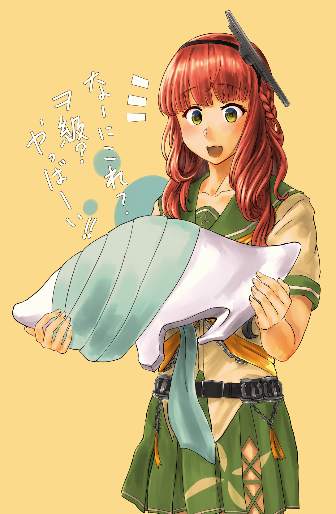 1girl bleach blunt_bangs braid commentary_request de_ruyter_(kancolle) di_roy_rinker green_eyes green_sailor_collar green_skirt highres holding kantai_collection long_hair mask mrdotd name_connection neckerchief orange_neckerchief pleated_skirt pun red_hair sailor_collar sailor_shirt school_uniform serafuku shirt side_braid skirt solo translation_request