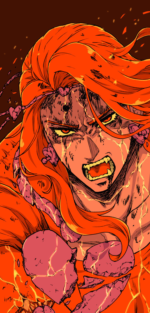 1boy bad_id bad_pixiv_id broken cracked_skin earrings fangs giga_omega heart heart_earrings jewelry jojo_no_kimyou_na_bouken long_hair male_focus red_hair solo stardust_crusaders vanilla_ice