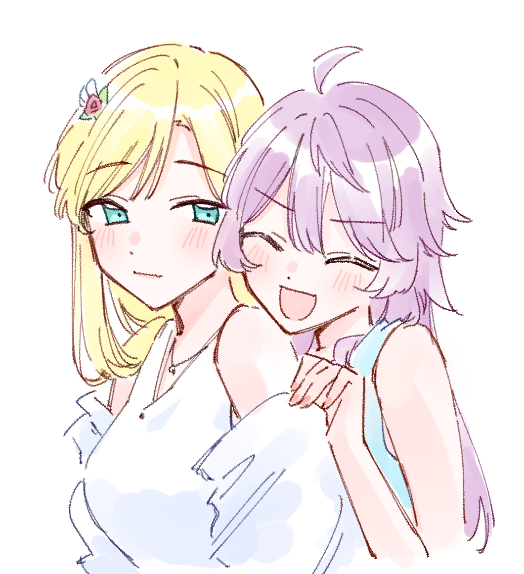 2girls :d ^_^ ahoge aqua_eyes arms_at_sides bare_arms bare_shoulders behind_another blonde_hair blue_shirt blush breasts closed_eyes closed_mouth fingernails flower hair_flower hair_ornament hand_on_another&#039;s_arm hand_up head_on_another&#039;s_shoulder heads_together jacket jewelry looking_at_another looking_to_the_side medium_breasts multiple_girls necklace off_shoulder open_clothes open_jacket open_mouth otonashi_ichie purple_hair red_flower shirt shoujo_kageki_revue_starlight shoujo_kageki_revue_starlight_-re_live- sideways_glance simple_background sleeveless sleeveless_shirt smile upper_body v-shaped_eyebrows white_background white_jacket white_shirt yumeoji_fumi yuri zangemiya