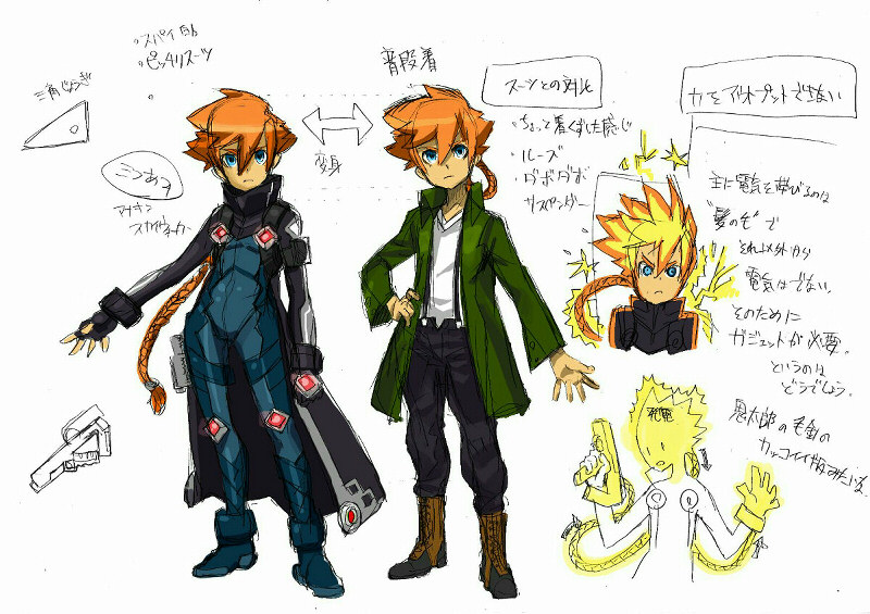 1boy araki_munehiro azure_striker_gunvolt azure_striker_gunvolt_1 black_coat blonde_hair blue_bodysuit blue_eyes bodysuit braid braided_ponytail coat concept_art electricity green_jacket gunvolt jacket male_focus multiple_views official_art prototype_design reference_sheet shirt simple_background white_background white_shirt