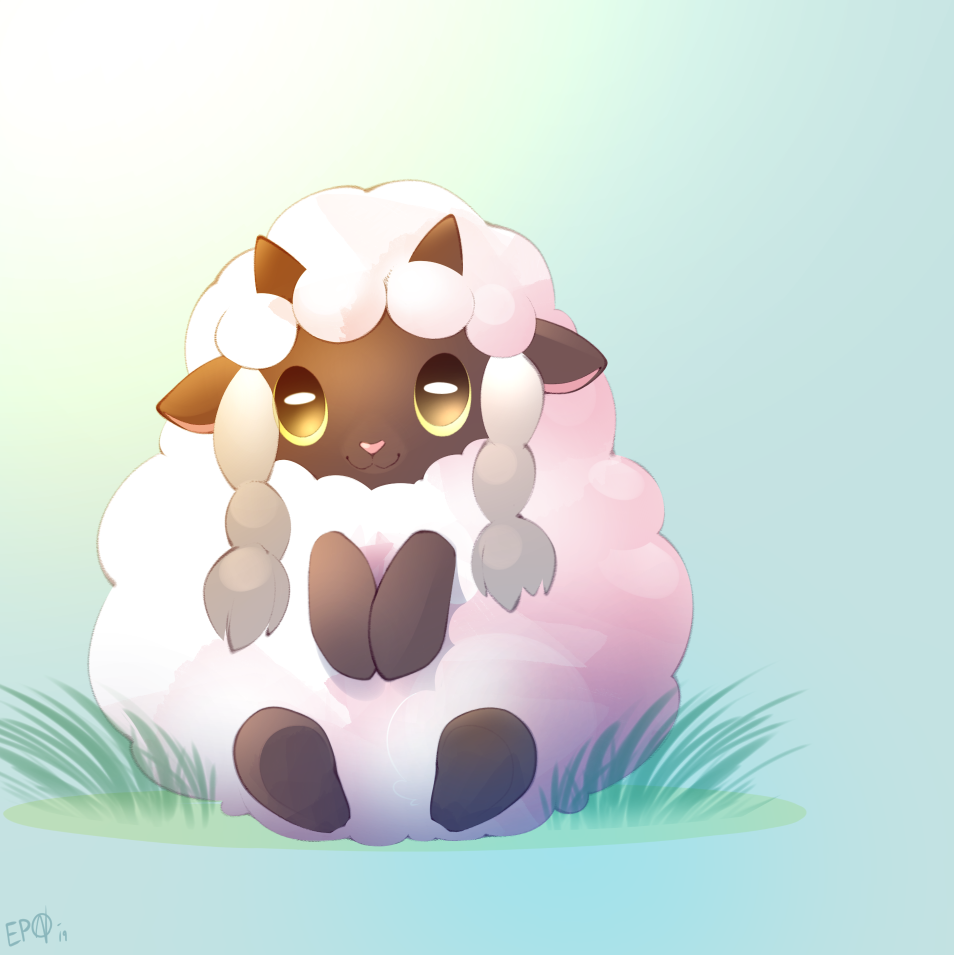 :3 animal_focus artist_name b-epon black_eyes blue_background closed_mouth colored_sclera dated full_body gen_8_pokemon gradient_background grass green_background happy nintendo no_humans pokemon pokemon_(creature) sheep signature simple_background sitting smile solo wooloo yellow_sclera