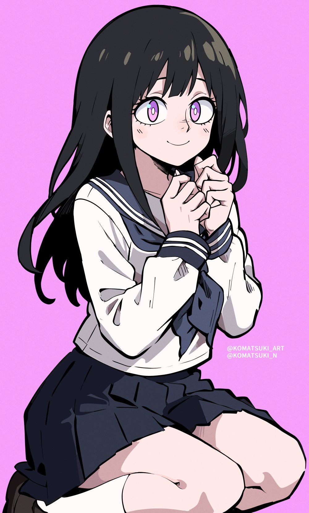 1girl black_hair blue_neckerchief blue_sailor_collar blue_skirt bright_pupils chitanda_eru closed_mouth commentary highres hyouka kamiyama_high_school_uniform_(hyouka) kneeling komatsuki_n long_hair long_sleeves looking_at_viewer neckerchief own_hands_together pink_background pink_eyes pleated_skirt sailor_collar school_uniform serafuku shirt simple_background skirt smile socks solo twitter_username white_shirt white_socks winter_uniform