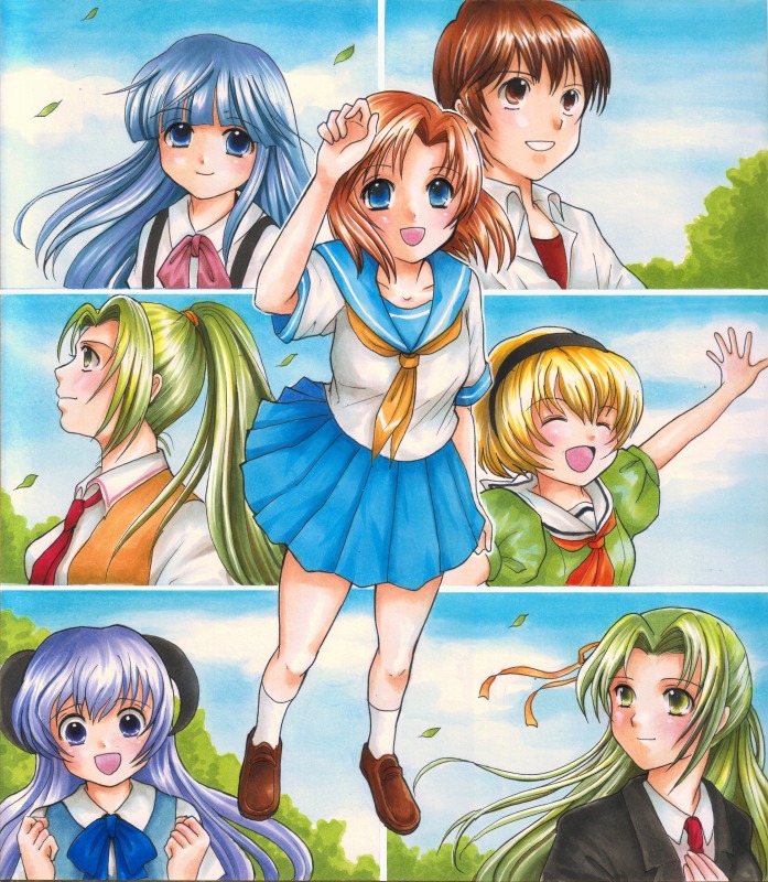 00s 1boy 6+girls bad_id bad_pixiv_id blonde_hair blue_eyes blue_hair blunt_bangs blush bow brown_hair day furude_rika gintarou_(puipuiginta) green_hair hair_ribbon hairband hanyuu happy higurashi_no_naku_koro_ni hime_cut horns houjou_satoko long_hair looking_at_viewer looking_up maebara_keiichi multiple_girls open_mouth pink_bow ponytail purple_eyes purple_hair ribbon ryuuguu_rena school_uniform serafuku short_hair siblings sisters sky smile sonozaki_mion sonozaki_shion tree twins wind