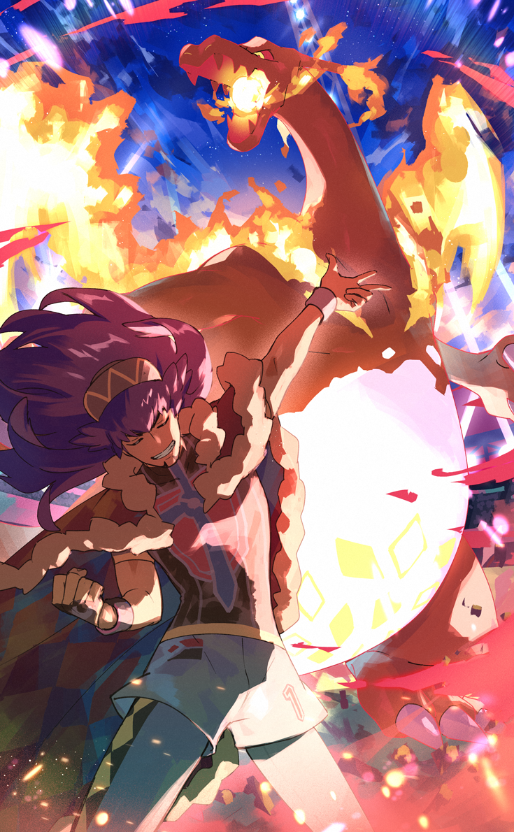 1boy arm_up baseball_cap cape champion_uniform charizard charizard_pose clenched_hand closed_eyes commentary_request dark-skinned_male dark_skin dynamax_band facial_hair floating_hair fur-trimmed_cape fur_trim gen_1_pokemon gigantamax gigantamax_charizard gloves grin hat head_down leggings leon_(pokemon) long_hair male_focus nintendo outdoors pokemon pokemon_(creature) pokemon_swsh purple_hair red_cape shield_print shirt short_sleeves shorts single_glove smile suruga_dbh sword_print teeth white_shorts