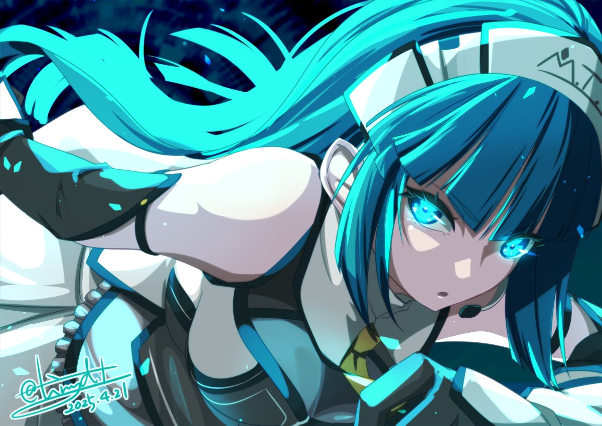 1girl blue_eyes blue_hair blunt_bangs breasts dated eiyuu_densetsu floating_hair glowing glowing_eyes headset hime_cut kai_no_kiseki kuro_no_kiseki_(series) long_hair maid maid_headdress necktie risette_twinings sideboob signature solo tinybiard twitter_username yellow_necktie