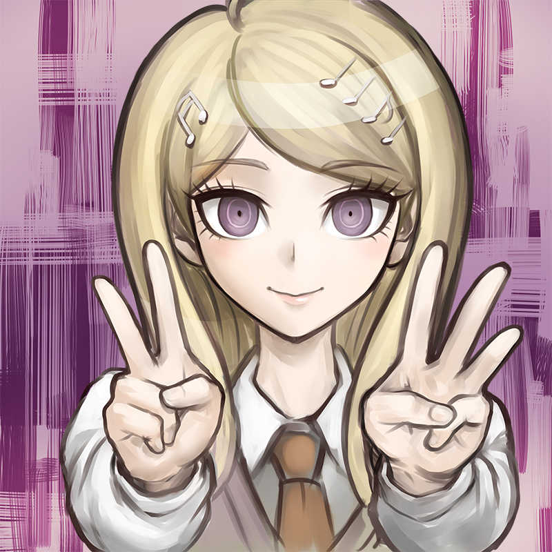 1girl akamatsu_kaede blonde_hair breasts danganronpa_(series) danganronpa_v3:_killing_harmony fortissimo fujii_eishun hair_ornament medium_breasts musical_note musical_note_hair_ornament pink_sweater purple_background purple_eyes shirt solo sweater upper_body v white_shirt