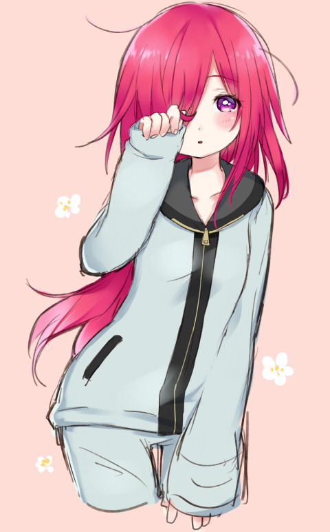 1girl collarbone cowboy_shot hojo_sophy jacket long_hair long_sleeves looking_at_viewer messy_hair one_eye_covered pants parted_lips pink_background pretty_series pripara purple_eyes red_hair solo touyama_soboro track_jacket track_pants