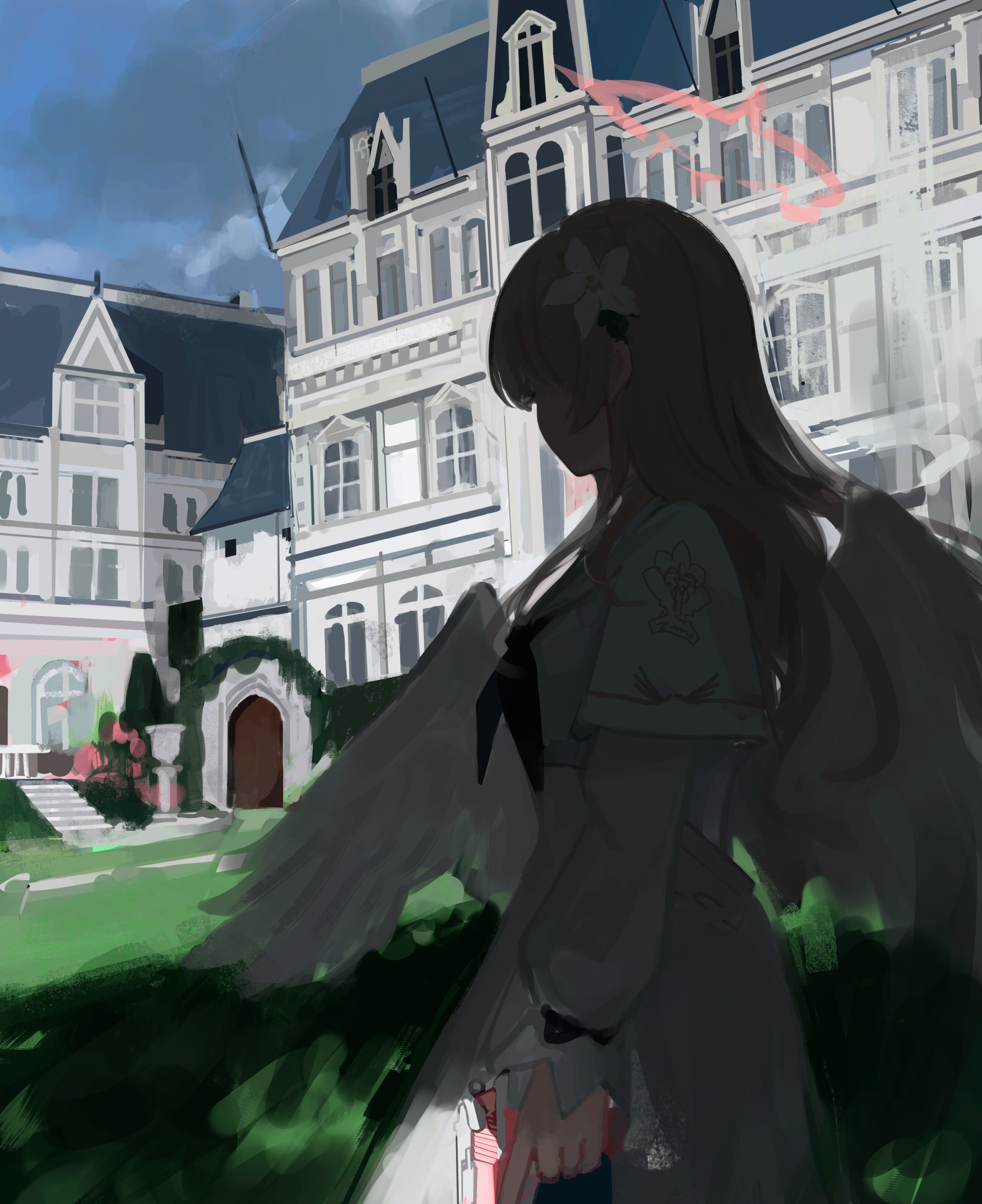 1girl absurdres angel_wings black_neckerchief blue_archive building dress flower from_side garden gun hair_flower hair_ornament halo handgun highres holding holding_gun holding_weapon long_hair long_sleeves mika_(blue_archive) neckerchief orval outdoors pink_hair solo standing trigger_discipline weapon white_dress wings