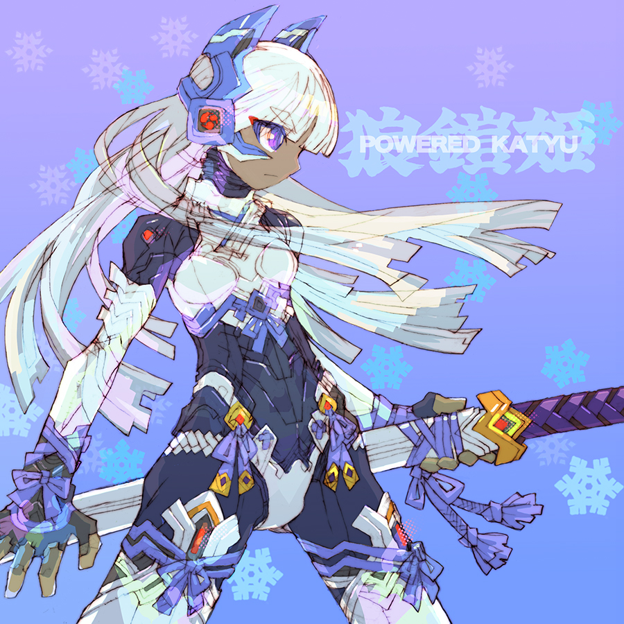 1girl bodysuit commentary_request dark-skinned_female dark_skin headpiece holding holding_sword holding_weapon nakayama_tooru original purple_eyes solo sword weapon white_hair