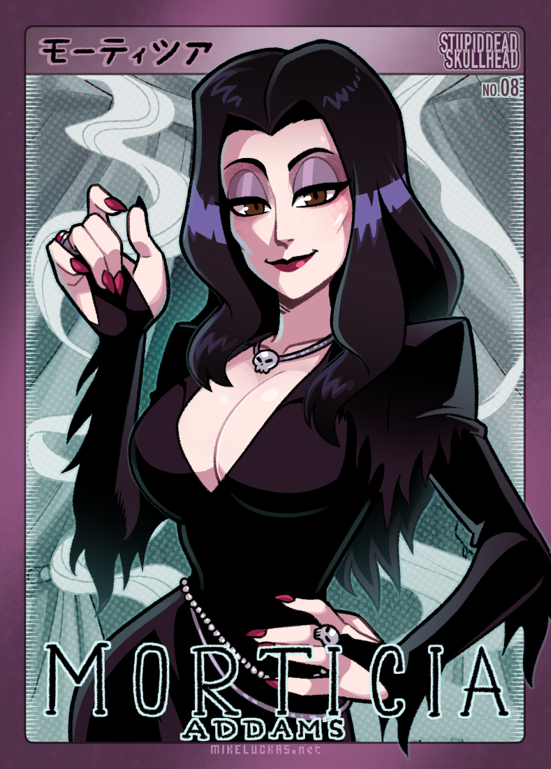1girl 2022 addams_family artist_name black_dress black_hair border breasts bridal_gauntlets brown_eyes cleavage closed_mouth commentary cowboy_shot datskelebutt dress english_commentary eyeshadow female_focus fingernails hand_on_own_hip jewelry long_fingernails looking_at_viewer makeup mike_luckas morticia_addams necklace purple_border purple_eyeshadow red_lips red_nails ring smile solo