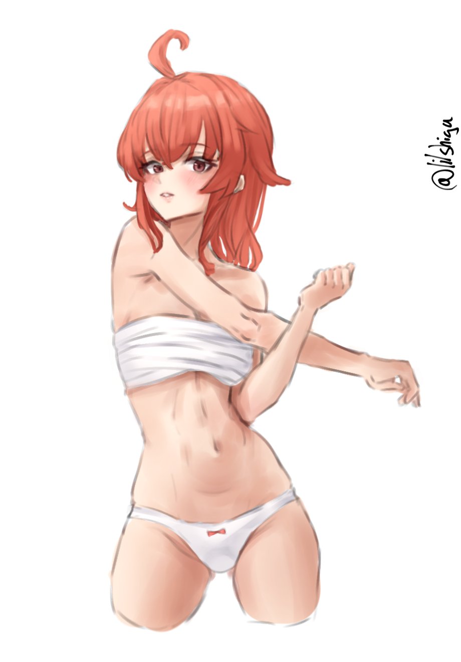 1girl ahoge arashi_(kancolle) bare_shoulders black_eyes breasts cowboy_shot cropped_legs highres kantai_collection lilshigu medium_breasts one-hour_drawing_challenge panties red_hair sarashi simple_background solo stretching twitter_username underwear white_background white_panties