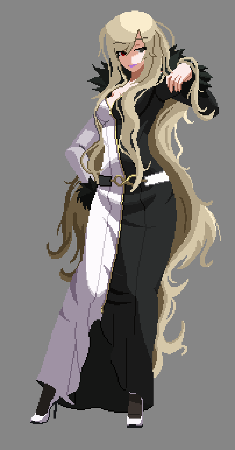 1girl absurdly_long_hair aeonimitate black_eyes blonde_hair breasts commentary dress english_commentary full_body fur_trim heterochromia highres hilda_(under_night_in-birth) large_breasts long_dress long_hair multicolored_dress off-shoulder_dress off_shoulder pixel_art purple_lips red_eyes smile solo swept_bangs two-tone_dress under_night_in-birth very_long_hair