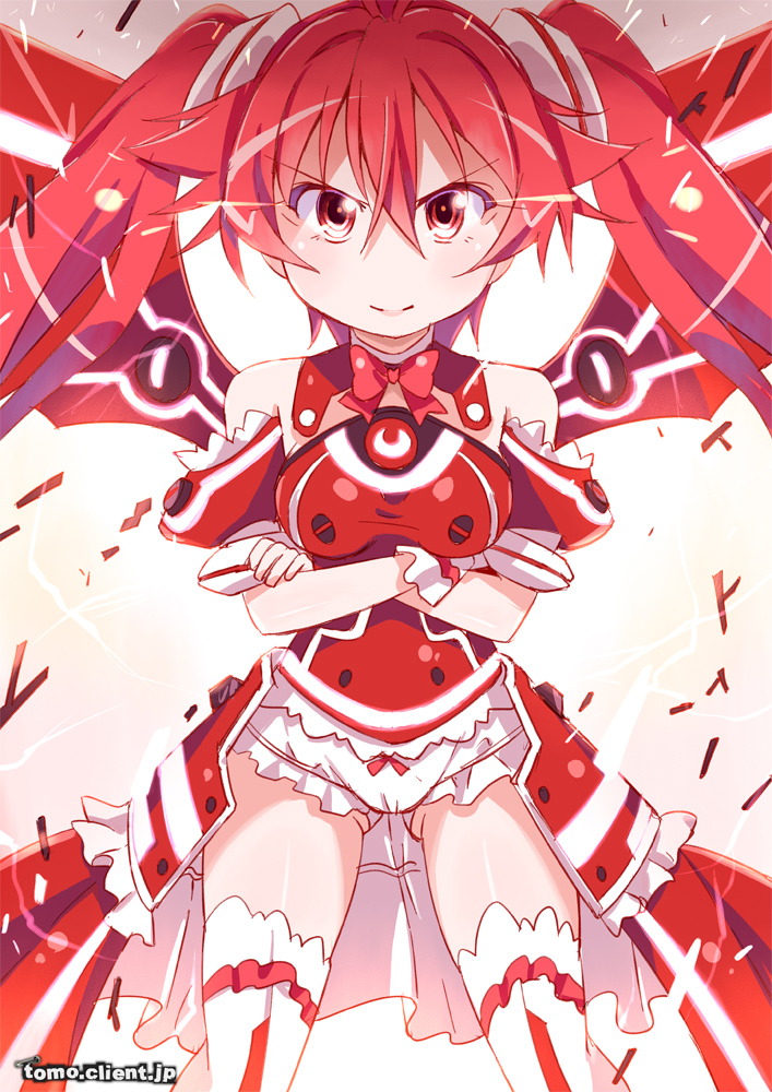 1girl bad_id bad_pixiv_id crossed_arms epic female_focus gunbuster_pose kitahara_tomoe_(kitahara_koubou) long_hair red_eyes red_hair solo thighhighs top_wo_nerae! top_wo_nerae!_(series) twintails vividred vividred_operation