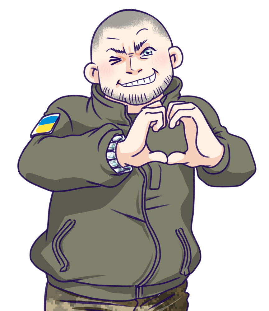 1boy anonymous_(japanese) bald beard beard_stubble blue_eyes buzz_cut camouflage camouflage_pants facial_hair grin heart heart_hands japanon light_blush looking_at_viewer mature_male non-web_source one_eye_closed pants real_life russo-ukrainian_war shiny_eyes short_hair smile solo stubble transparent_background ukraine ukrainian_flag valerii_zaluzhnyi very_short_hair watch wristwatch