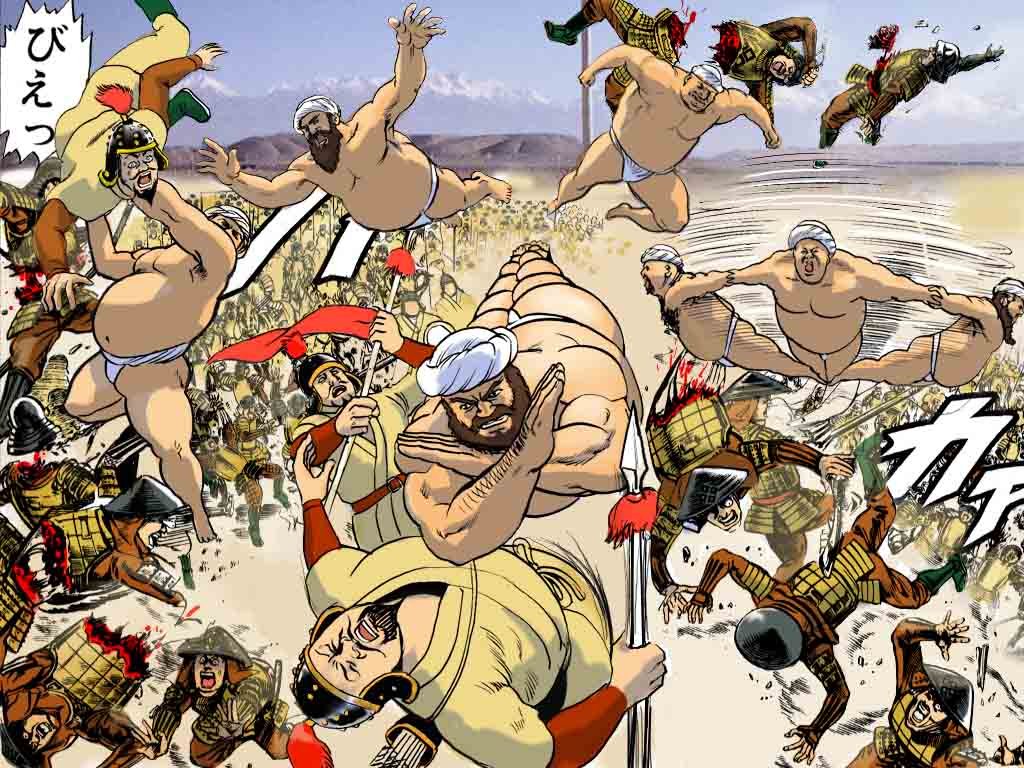 2channel 6+boys afghanistan arm_hair armor army barefoot battle beard blood chinese_clothes death dying facial_hair fighting finishing_move flying helm helmet hyaku_todoroki jpeg_artifacts jumping kicking kill male_focus martial_arts mawashi meme misogram multiple_boys mustache neta original polearm severed_head spear spinning sumo turban war weapon wrestler