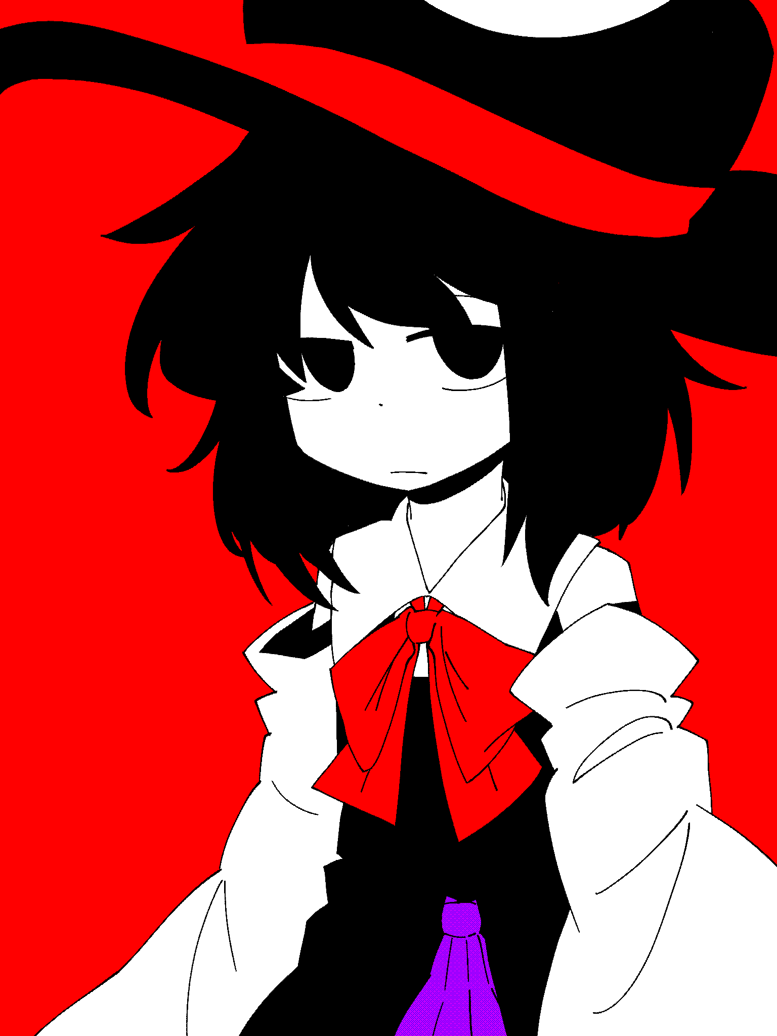 1other androgynous ascot black_eyes black_hair black_headwear closed_mouth coat detached_sleeves enraku_tsubakura expressionless hat highres large_hat len&#039;en long_sleeves looking_at_viewer other_focus priswocaer purple_trim red_ascot red_background red_ribbon ribbon short_hair top_hat