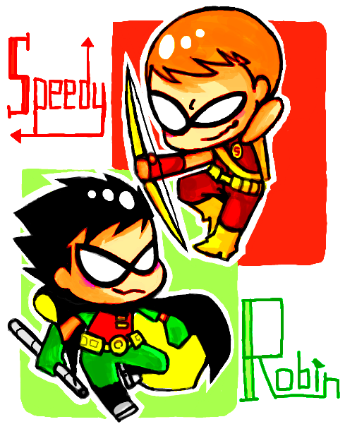 2boys arrow_(projectile) batman_(series) black_hair bow_(weapon) cape cartoon_network character_name chibi dc_comics dick_grayson domino_mask gloves green_arrow_(series) male_focus mask multiple_boys orange_hair robin_(dc) roy_harper speedy staff teen_titans weapon