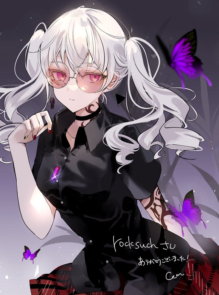 1girl black_shirt bug butterfly chiemo_(xcem) choker commission glasses grey_background grus_(vrchat) insect long_hair mole mole_under_eye pink_eyes shirt short_sleeves skeb_commission skirt solo tattoo twintails vrchat white_hair