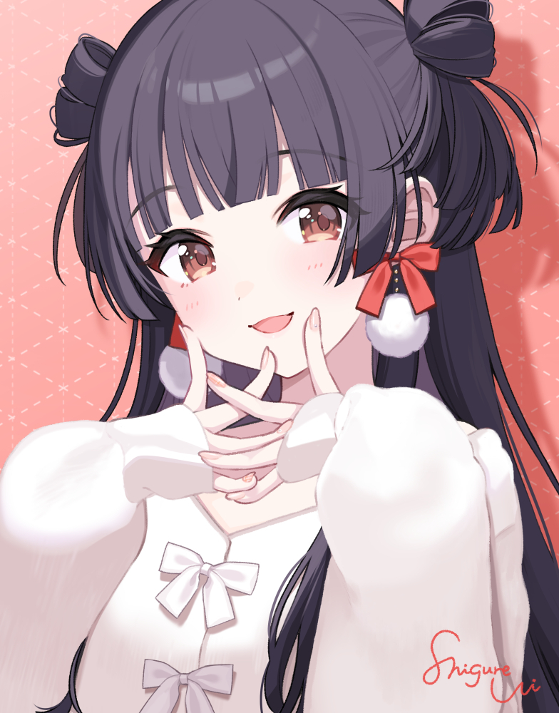 1girl :d black_hair blunt_bangs blunt_ends blush bow bow_earrings brown_eyes cardigan commentary dot_nose earrings eyelashes eyes_visible_through_hair finger_to_mouth fingernails hair_rings hands_up idolmaster idolmaster_shiny_colors interlocked_fingers jewelry long_hair long_sleeves looking_at_viewer mayuzumi_fuyuko open_mouth own_hands_together pink_nails pom_pom_(clothes) pom_pom_earrings portrait red_background red_bow shadow shigure_ui sidelocks sideways_glance signature sleeves_past_wrists smile solo symbol-only_commentary two_side_up white_bow white_cardigan