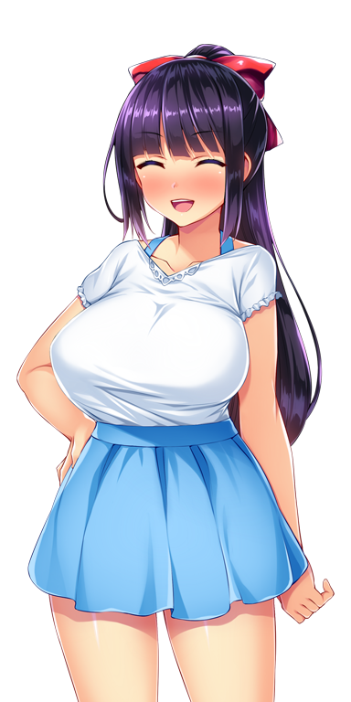 1girl ^_^ blue_skirt blunt_bangs blush bow breasts casual closed_eyes collarbone cowboy_shot facing_viewer game_cg hair_bow hand_on_own_hip high_ponytail huge_breasts kisaragi_nozomi large_variant_set long_hair non-web_source nose_blush official_art open_mouth pleated_skirt ponytail purple_hair satou_kuuki shinsou_seiki_elementia shirt short_sleeves skirt smile solo standing tented_shirt transparent_background variant_set white_shirt