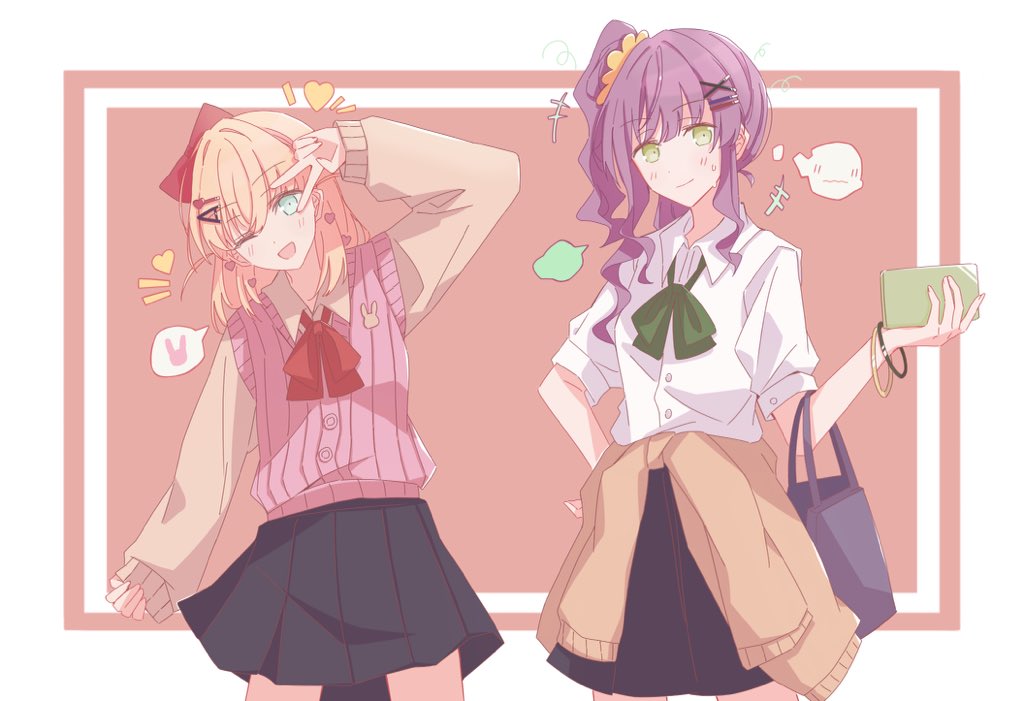 +++ 2girls ;d bag black_skirt blush bow bowtie bracelet brown_cardigan brown_shirt cardigan cardigan_around_waist cardigan_vest cerise_bouquet clothes_around_waist collared_shirt contrapposto crossed_bangs dress_shirt elbow_carry green_bow green_bowtie green_eyes gyaru hair_bun hair_ornament hairclip hand_on_own_hip hand_up handbag heart heart_hair_ornament hinoshita_kaho holding holding_phone inset_border jewelry kogal leaning_to_the_side like_and_redraw_challenge link!_like!_love_live! lone_nape_hair long_hair long_sleeves loose_bowtie love_live! medium_hair miniskirt multiple_girls notice_lines one_eye_closed open_mouth orange_hair otomune_kozue outside_border phone pink_background pink_vest pleated_skirt puff_of_air puffy_long_sleeves puffy_sleeves purple_hair rabbit_hair_ornament red_bow red_bowtie redrawn rrzaki1290 scrunchie shirt side_ponytail sidelocks single_side_bun skirt sleeves_past_wrists smile speech_bubble spoken_object sweatdrop teeth thought_bubble two_side_up upper_teeth_only v v_over_eye vest virtual_youtuber white_shirt yellow_scrunchie