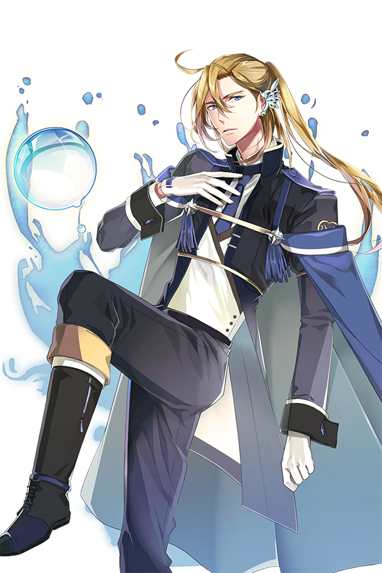 1boy ahoge black_boots black_pants blonde_hair blue_eyes boots cassiel gloves hair_between_eyes hair_ornament image_sample knee_boots long_hair long_sleeves looking_at_viewer male_focus naver_sample official_art pants ponytail soccer_spirits solo standing transparent_background tuuuh white_gloves