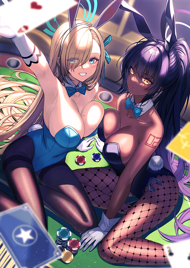 2girls animal_ears arm_up armpits asuna_(blue_archive) asuna_(bunny)_(blue_archive) asymmetrical_docking black_hair black_leotard blonde_hair blue_archive blue_eyes blue_leotard breast_press breasts brown_hair cleavage commentary_request dark-skinned_female dark_skin eyes_visible_through_hair fake_animal_ears fake_tail hair_over_one_eye halo karin_(blue_archive) karin_(bunny)_(blue_archive) large_breasts leotard long_hair looking_at_viewer mole mole_under_eye multiple_girls number_tattoo official_alternate_costume playboy_bunny ponytail rabbit_ears rabbit_tail sideboob smile tail tattoo unowen yellow_eyes