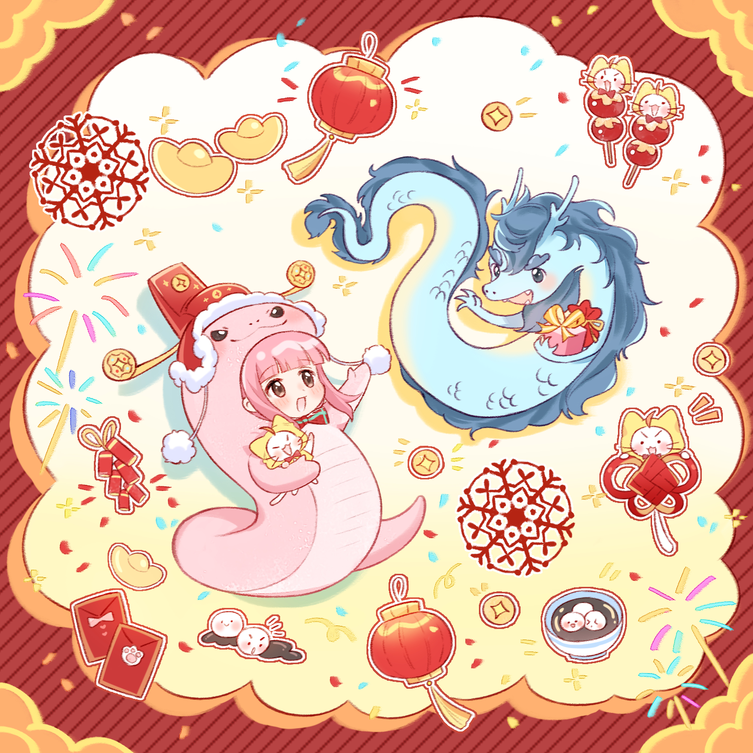 1girl ^_^ ahoge animal animal_costume artist_request black_eyes blunt_bangs border bow bowl bowtie brown_eyes cat character-themed_food chibi chinese_zodiac cloak closed_eyes clothed_animal coin colored_shadow dot_nose dragon ear_covers eastern_dragon food food_request fur-trimmed_headwear fur_trim gift gold_coin happy hat highres holding holding_animal holding_cat holding_gift holed_coin hood hood_up hooded_cloak hutou_hat lantern light_blush looking_at_another looking_at_creature momo_(nikki) multiple_views nikki_(nikki) nikki_(series) notice_lines official_art open_mouth outstretched_arm paper_lantern pink_hair pom_pom_(clothes) red_border red_bow red_bowtie red_hat second-party_source shadow shining_nikki short_hair_with_long_locks smile snake_costume snowflakes solid_circle_eyes soup tareme traditional_bowtie v-shaped_eyebrows whiskers white_cat year_of_the_snake yellow_background yellow_cloak