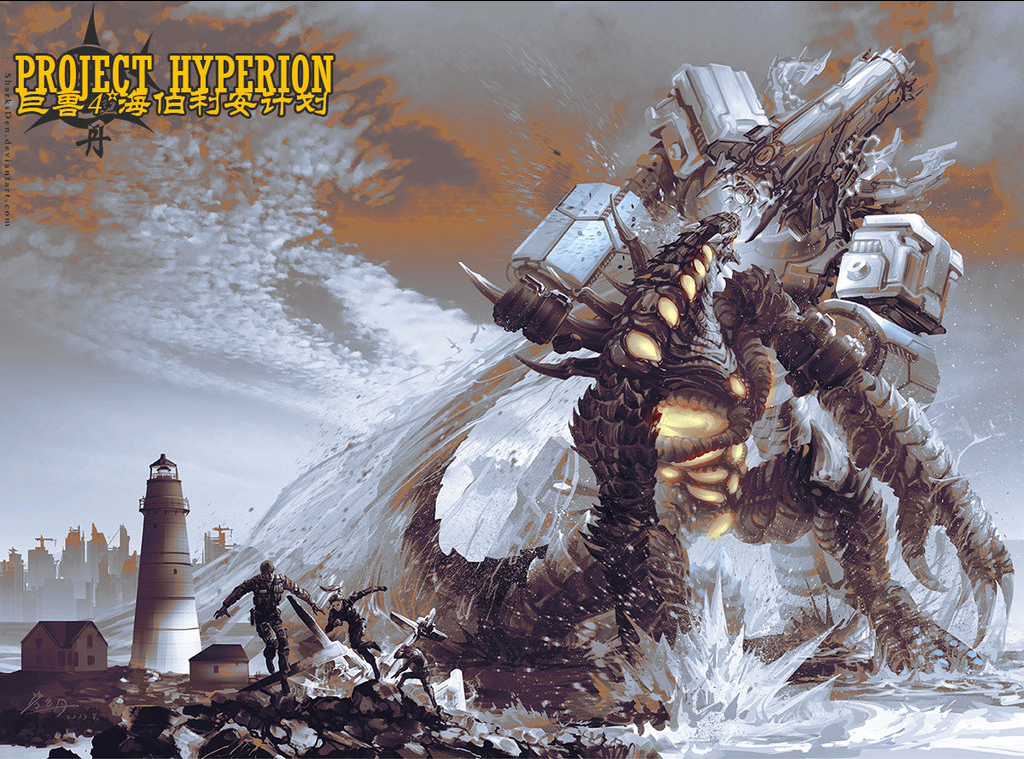 battle cloud energy fight fighting giant giant_monster giant_robot glowing gun hyperion_(project_nemesis) kaiju lighthouse mecha monster nemesis_(project_nemesis) ocean project_hyperion project_nemesis_(series) robot sharksden water waving weapon