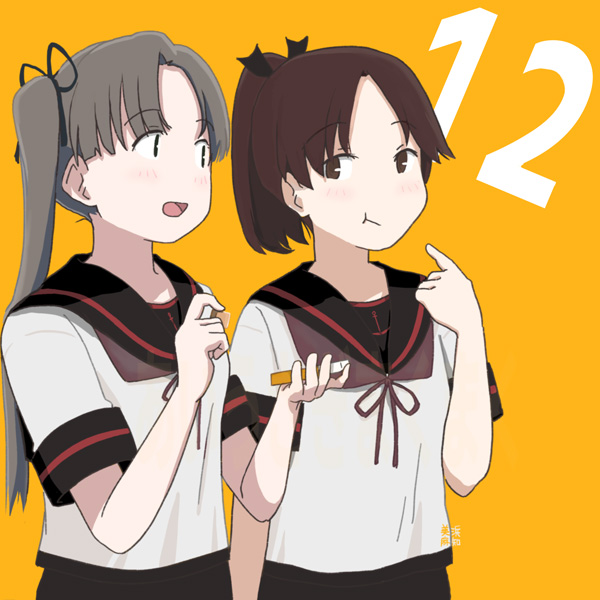 ayanami_(kancolle) ayanami_kai_ni_(kancolle) black_sailor_collar black_skirt brown_eyes brown_hair brown_neckerchief eating hair_ribbon kantai_collection long_hair mihama_machi neckerchief orange_background ponytail ribbon sailor_collar school_uniform serafuku shikinami_(kancolle) shikinami_kai_ni_(kancolle) shirt short_hair side_ponytail simple_background skirt smile upper_body white_shirt
