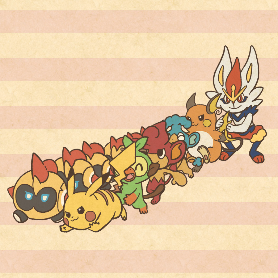 :3 blue_eyes bright_pupils cinderace closed_eyes closed_mouth commentary_request falinks fangs gen_1_pokemon gen_5_pokemon gen_8_pokemon grookey holding_another&#039;s_tail marching mojacookie nintendo official_art open_mouth orange_eyes panpour pansear pikachu pokemon pokemon_(anime) pokemon_(creature) pokemon_focus pokemon_journeys raichu second-party_source smile striped_background tail v-shaped_eyes white_pupils