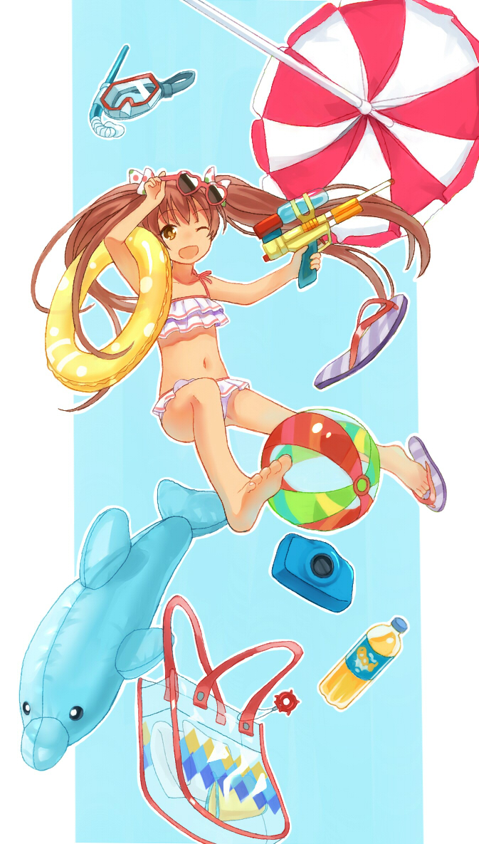 1girl bag ball beach_umbrella beachball bikini bottle brown_eyes brown_hair camera dark-skinned_female dark_skin eyewear_on_head frilled_bikini frills hair_ribbon inflatable_dolphin inflatable_toy kantai_collection libeccio_(kancolle) libeccio_(swimsuit)_(kancolle) long_hair mitsuyo_(mituyo324) one_eye_closed open_mouth ribbon sandals simple_background snorkel solo sunglasses sunglasses_on_head swimsuit twintails two-tone_background umbrella water_gun