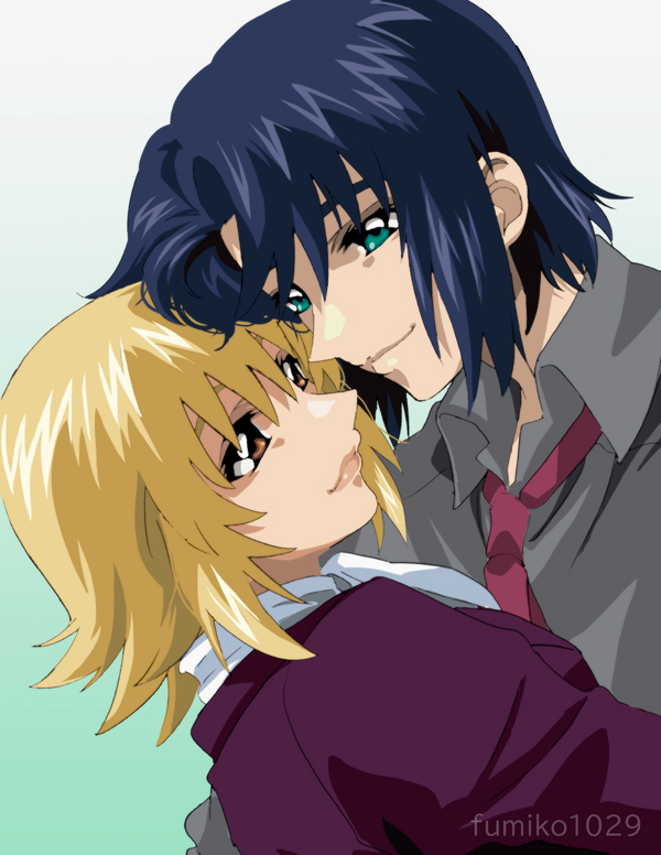 1boy 1girl artist_name ascot athrun_zala blonde_hair blue_hair cagalli_yula_athha couple formal_clothes fumiko_(mesushi) green_eyes grey_shirt gundam gundam_seed gundam_seed_freedom hug light_smile looking_at_another necktie pant_suit pants red_necktie shirt short_hair suit white_ascot yellow_eyes