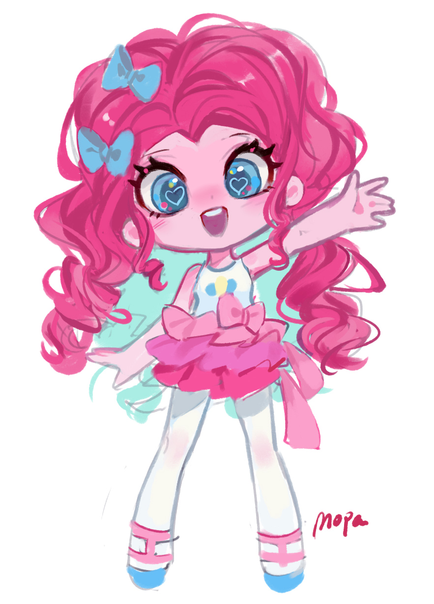 1girl :d arm_at_side bare_arms bare_shoulders blue_bow blue_eyes blue_footwear bow bow_skirt chibi chibi_only colored_inner_hair colored_skin commentary_request curly_hair cutie_mark full_body hair_bow heart heart-shaped_pupils highres kewoshixiaodaia legs_apart long_hair looking_at_viewer multicolored_hair my_little_pony my_little_pony:_equestria_girls my_little_pony:_friendship_is_magic official_alternate_costume open_mouth panties parted_bangs pink_bow pink_hair pink_sandals pink_skin pink_skirt pinkie_pie pinkie_pie_(equestria_girls) round_teeth sandals skirt smile solo standing symbol-shaped_pupils tank_top teeth tutu two-tone_footwear two-tone_hair underwear upper_teeth_only very_long_hair waving white_panties white_tank_top ||/