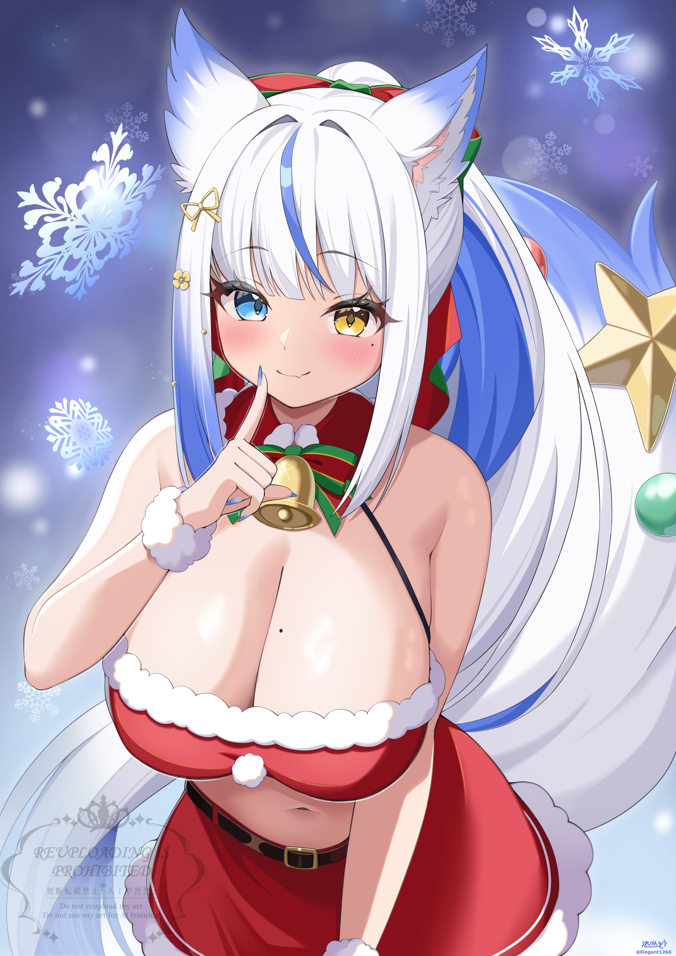 1girl absurdres animal_ears bare_shoulders bell blue_eyes blue_hair blue_nails blush bow bowtie breasts cleavage closed_mouth commentary_request commission elegant_(sumisumi4268) finger_to_mouth fingernails green_bow green_bowtie heterochromia highres indie_virtual_youtuber large_breasts long_fingernails long_hair looking_at_viewer lulebel mole mole_on_breast multicolored_hair nail_polish navel neck_bell red_bow red_bowtie red_skirt skeb_commission skirt smile solo stomach striped_bow striped_bowtie striped_clothes tail very_long_hair virtual_youtuber white_hair yellow_eyes