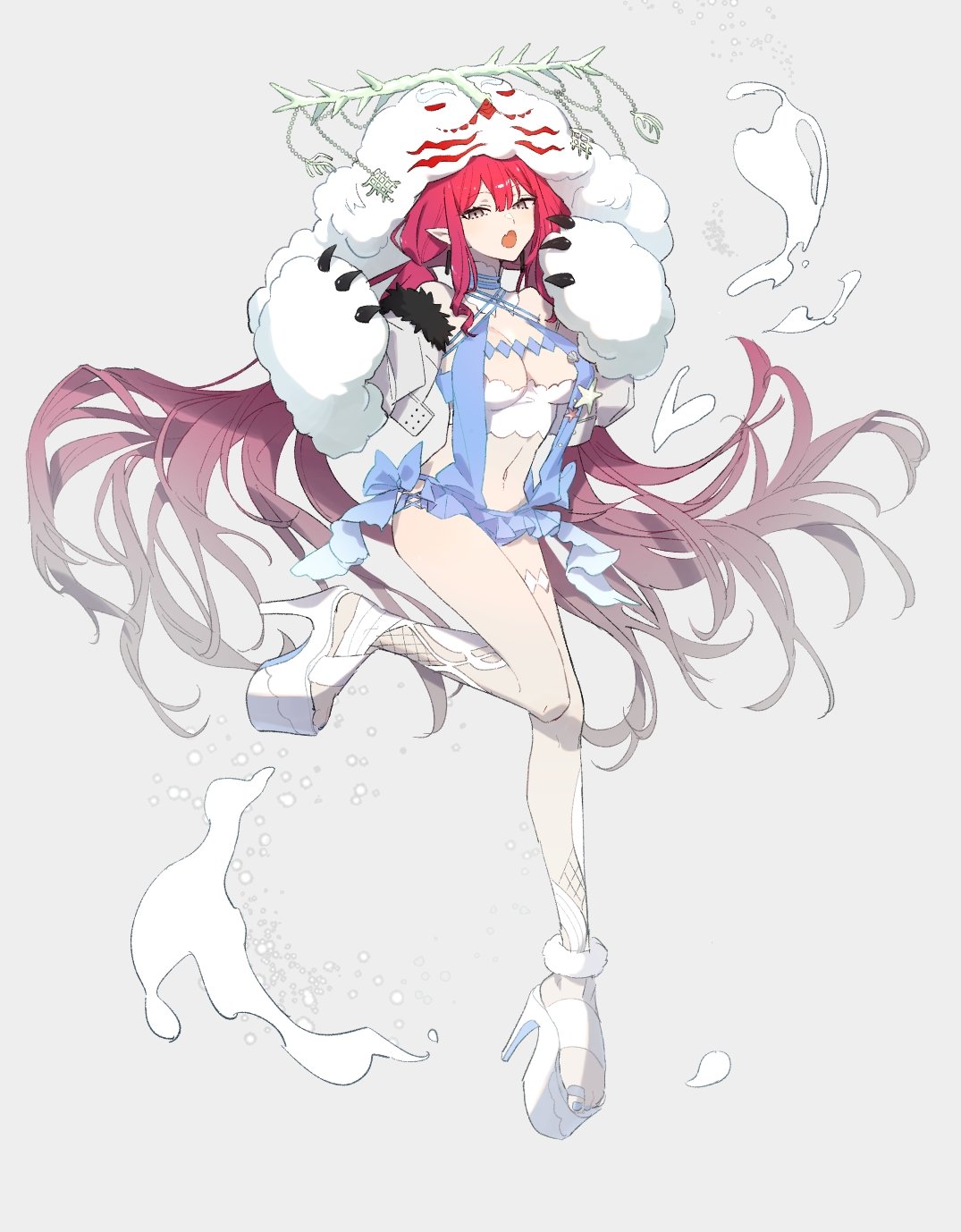 1girl baobhan_sith_(fate) baobhan_sith_(swimsuit_pretender)_(fate) breasts cernunnos_(fate) cernunnos_(fate)_(cosplay) character_hood cosplay fate/grand_order fate_(series) floating_hair full_body grey_background grey_eyes high_heels highres kabutomushi_s long_hair medium_breasts navel oceanunnos_(fate) open_mouth platform_footwear platform_heels platform_sandals pointy_ears red_hair sandals simple_background solo very_long_hair white_sandals