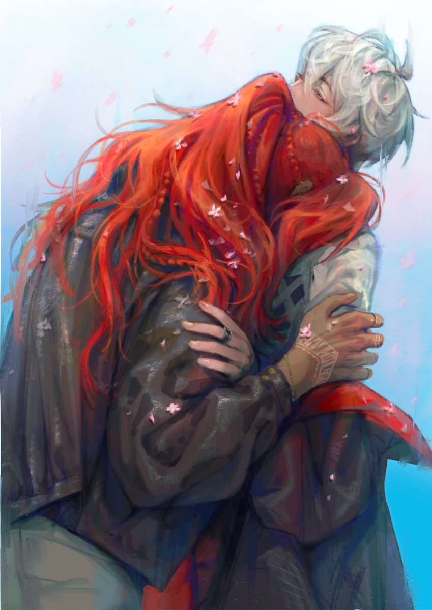 2boys ahoge braid brown_eyes chenyao4444444 dante_(nu_carnival) eiden_(nu_carnival) flower flower_on_head flowers_in_hair hair_between_eyes hand_tattoo head_on_another&#039;s_shoulder highres holding holding_person jewelry long_hair male_focus multiple_boys nu_carnival red_hair ring short_hair tan tattoo tattoo_on_hand white_hair yaoi