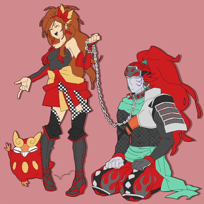 armor armored_boots boots breastplate brown_hair checkered_clothes closed_eyes collar colored_skin darumaka earrings facial_tattoo feather_hair_ornament fishnet_top fishnets fuuma_kotarou garter_straps gen_5_pokemon green_eyes grey_skin hair_ornament hairband happy headband high_heel_sandals high_heels japanese_clothes jewelry kaihime kneeling kotaro_fuuma leash long_hair nail_polish nintendo open_mouth pink_background pokemon pokemon_conquest ponytail red_hair red_nails red_skirt ribbon_trim sandals sengoku_musou sitting skirt smile spiked_collar spikes tattoo thighhighs thighhighs_under_boots thighs tongue wedge_heels